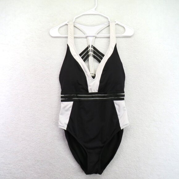 Kenneth Cole Swimsuit Womens Medium Black White One Piece Strappy Plunge Swim - Picture 1 of 8